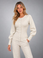 Women's Crew Neck Knit Cardigan – Classic Button-Up in White — alternate view