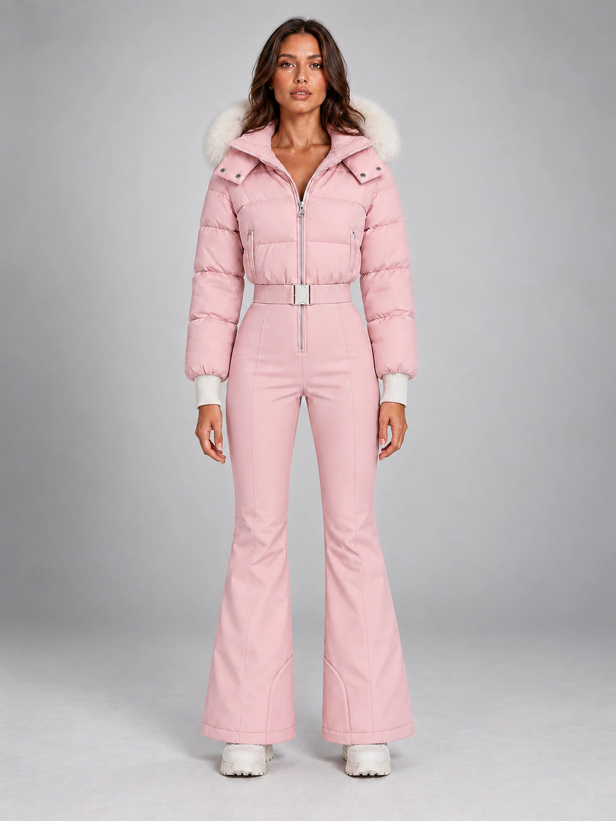 Women's Hooded Ski Jumpsuit – One-Piece Snowsuit in Pink — front view