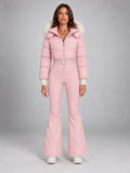 Women's Hooded Ski Jumpsuit – One-Piece Snowsuit in Pink — front view