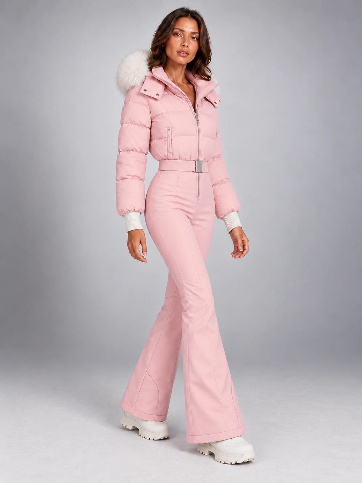 Women's Hooded Ski Jumpsuit – One-Piece Snowsuit in Pink — alternate view