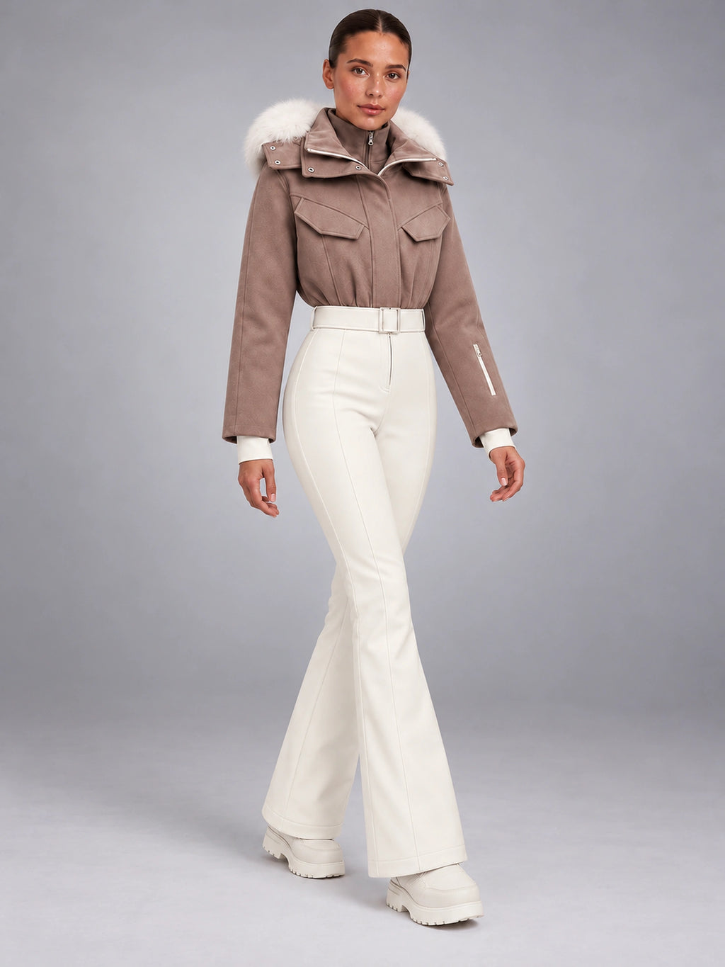 Women's Hooded Ski Jumpsuit – One-Piece Snowsuit in Taupe/Cream — alternate view