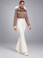 Women's Hooded Ski Jumpsuit – One-Piece Snowsuit in Taupe/Cream — alternate view