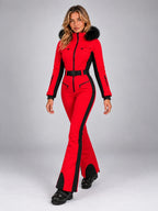 Women's Hooded Ski Jumpsuit – One-Piece Snowsuit in Red/Black — alternate view