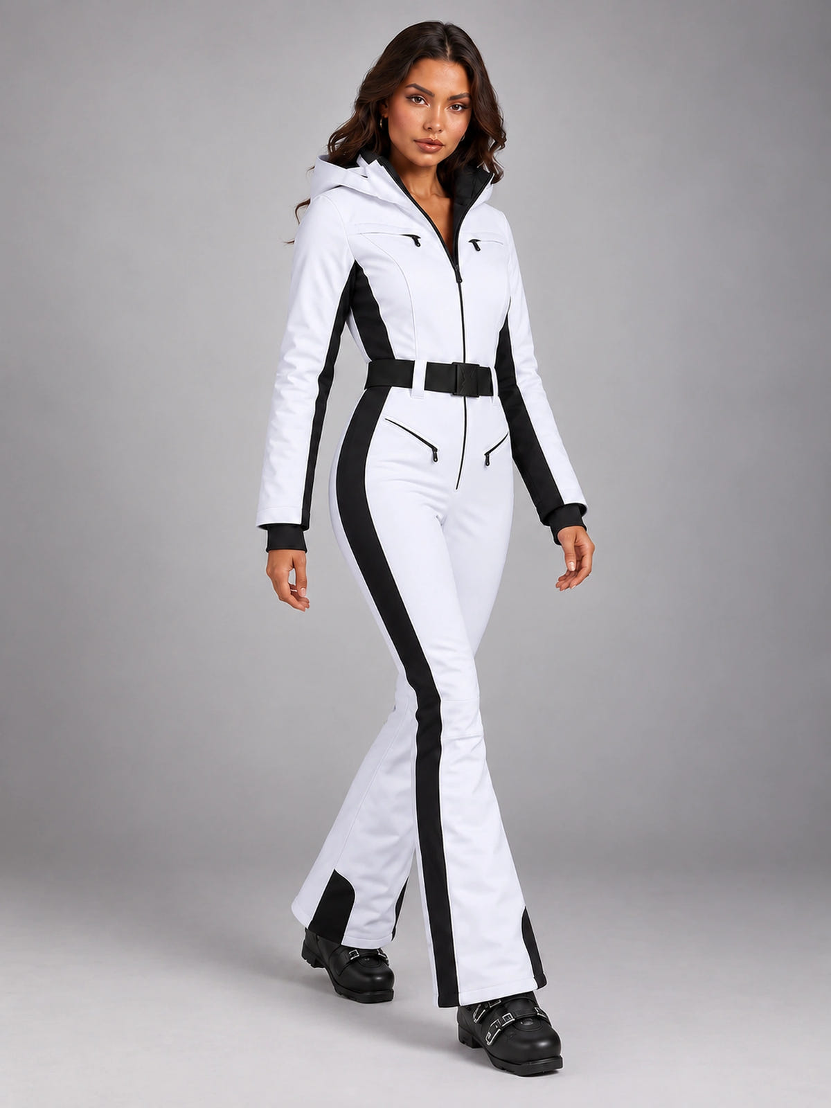 Women's Hooded Ski Jumpsuit – One-Piece Snowsuit in White/Black — alternate view