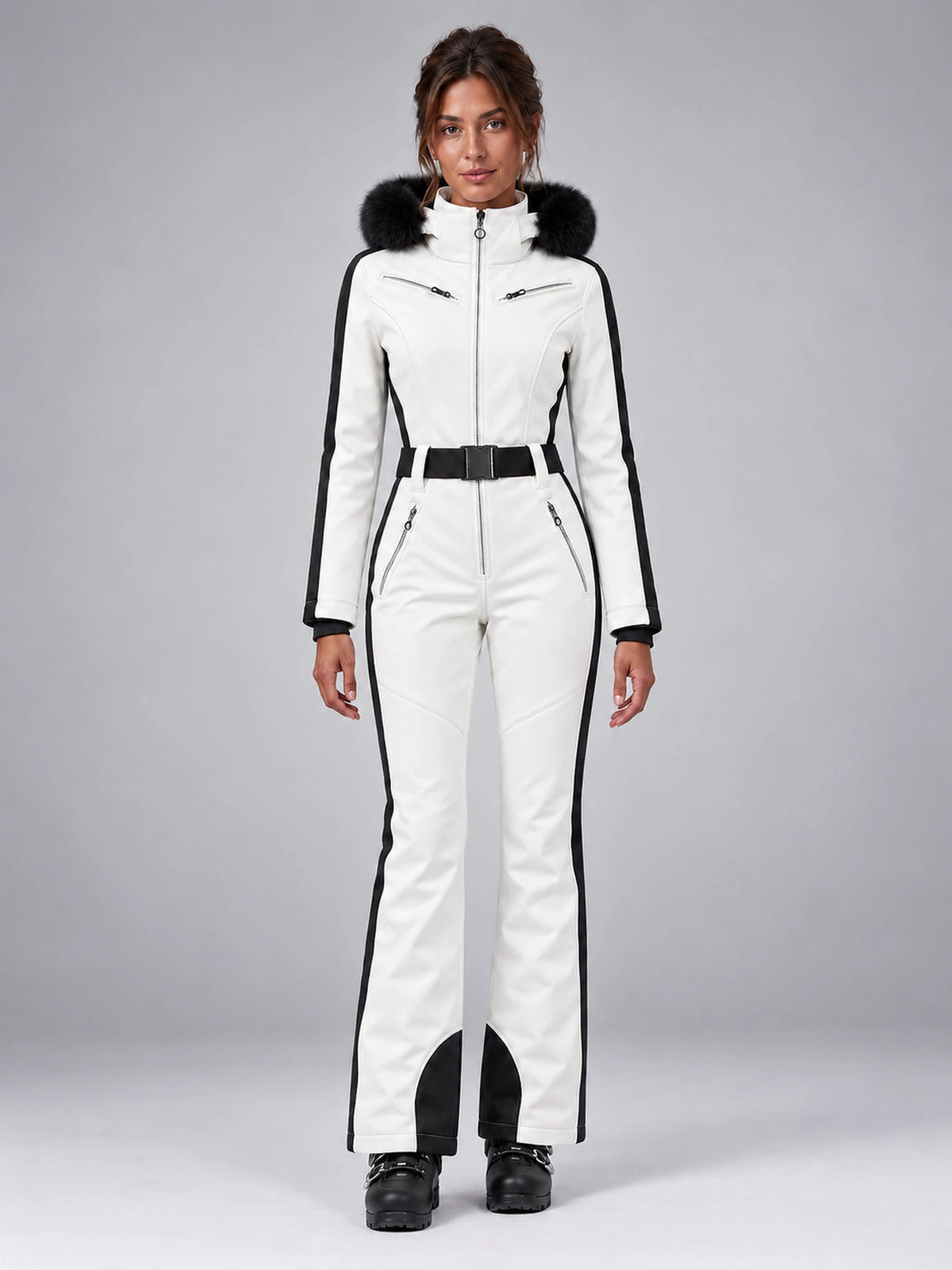 Women's One-Piece Ski Suit – Snowboard Jumpsuit in White/Black — front view