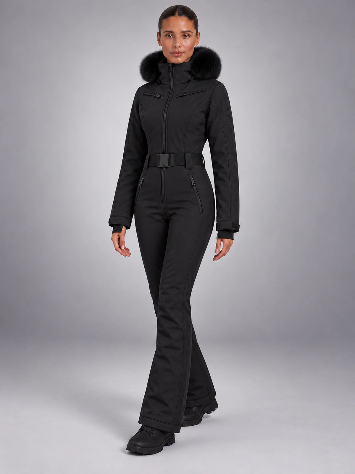 Women's One-Piece Ski Suit – Snowboard Jumpsuit in Black Trimmed Hood — alternate view