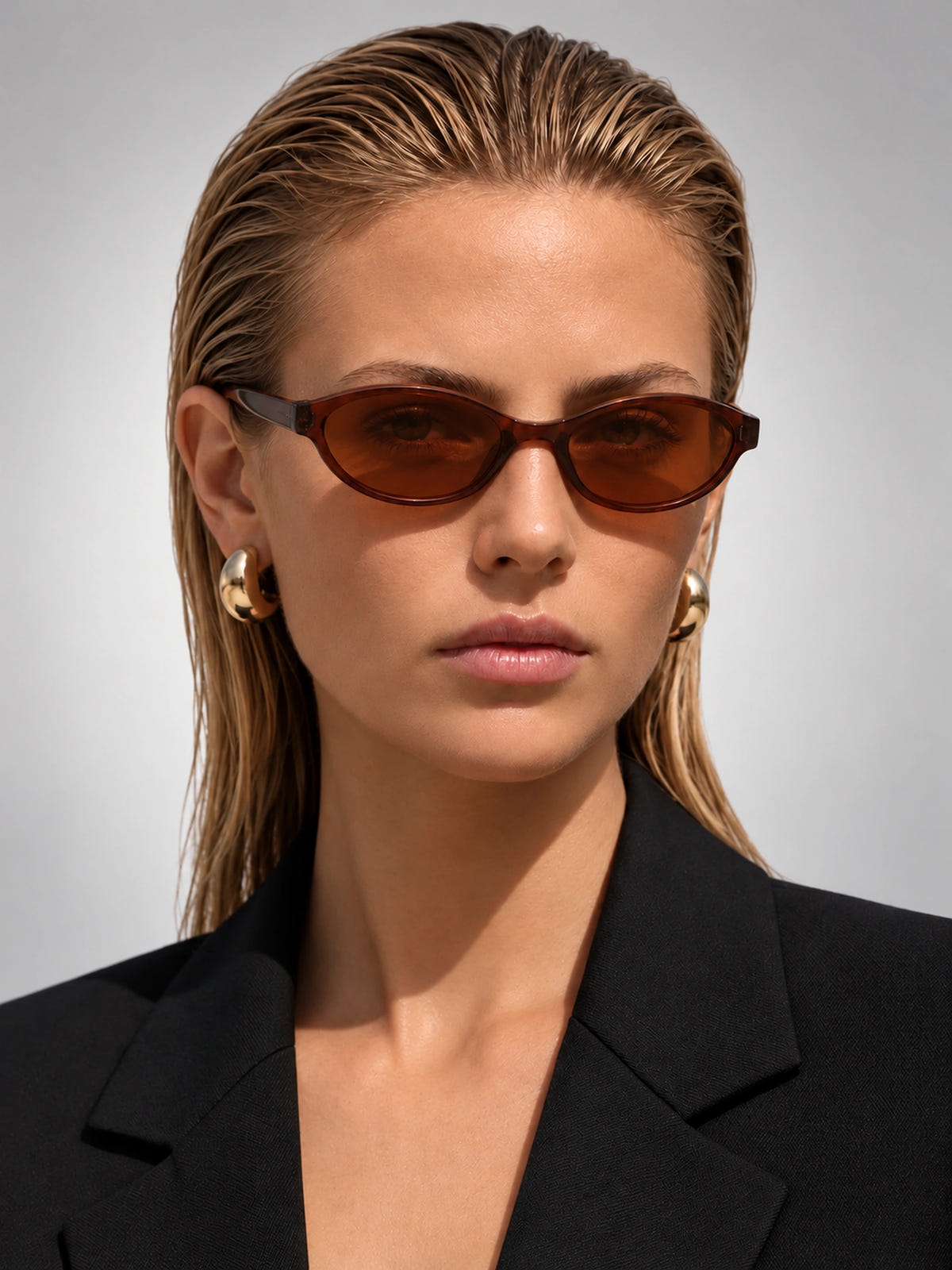 Women's Slim Oval Sunglasses – Retro Cat-Eye Frame in Tortoise/Brown — front view