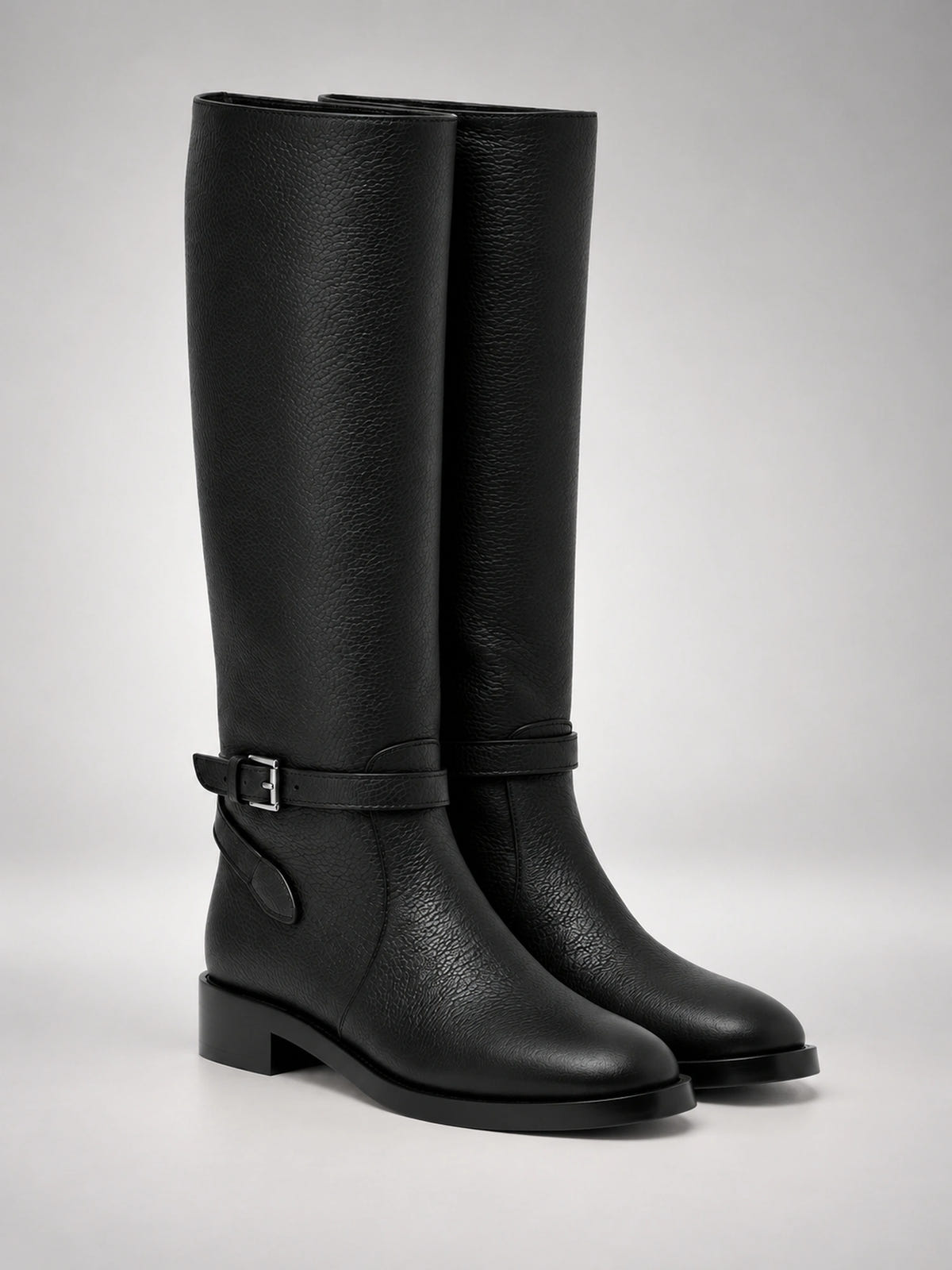 Women's Leather Knee-High Boots – Buckle Strap Flat Heel in Black — side view