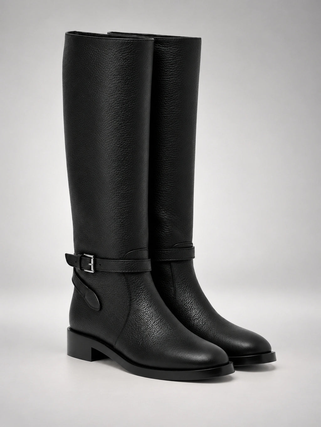 Women's Leather Knee-High Boots – Buckle Strap Flat Heel in Black — side view
