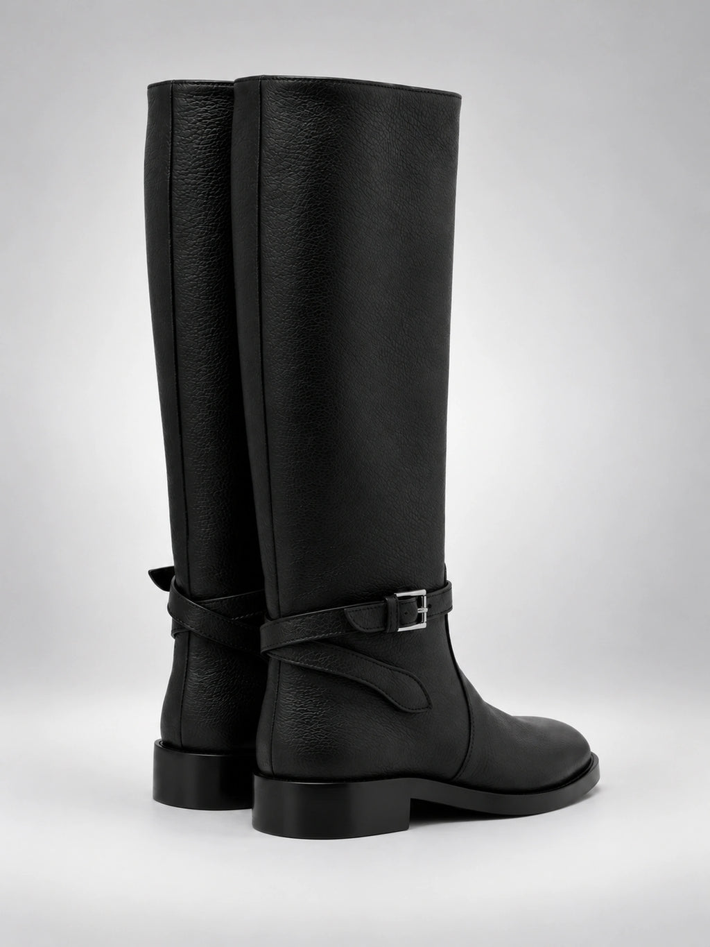 Women's Leather Knee-High Boots – Buckle Strap Flat Heel in Black — back view