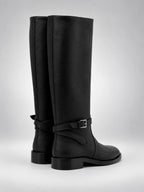 Women's Leather Knee-High Boots – Buckle Strap Flat Heel in Black — back view