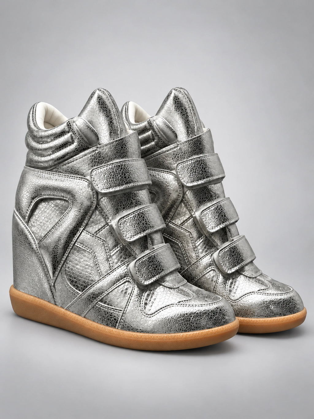 Women's Hidden Wedge Sneaker Boots – Leather Platform in Silver — side view