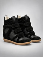 Women's Hidden Wedge Sneaker Boots – Leather Platform in Black — back view