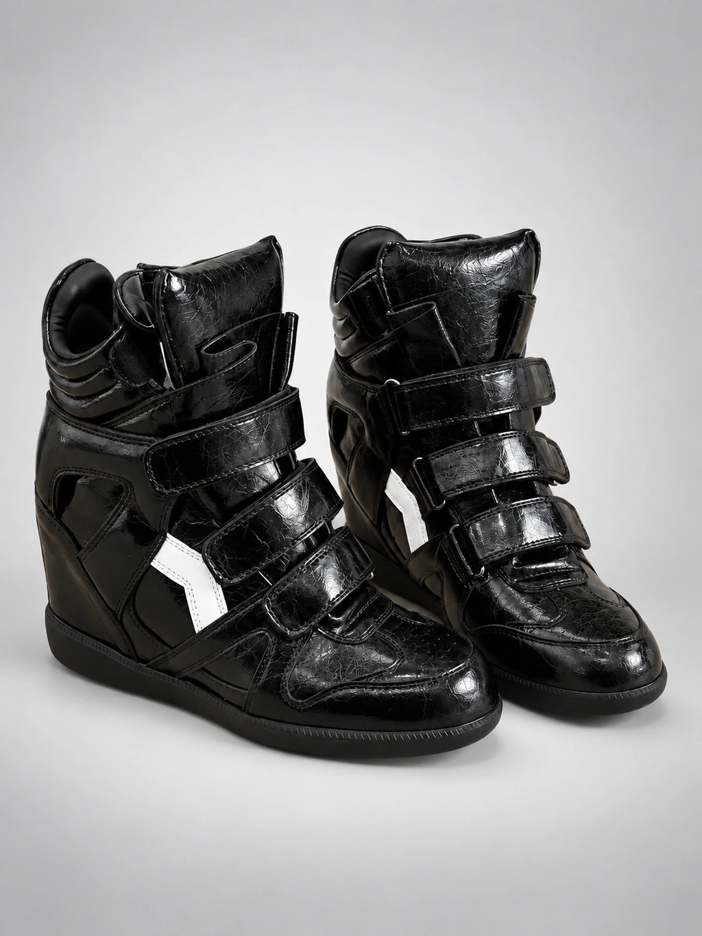 Women's Hidden Wedge Sneaker Boots – Leather Platform in Patent Black — back view