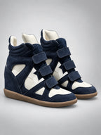Women's Hidden Wedge Sneaker Boots – Leather Platform in Navy/White — back view