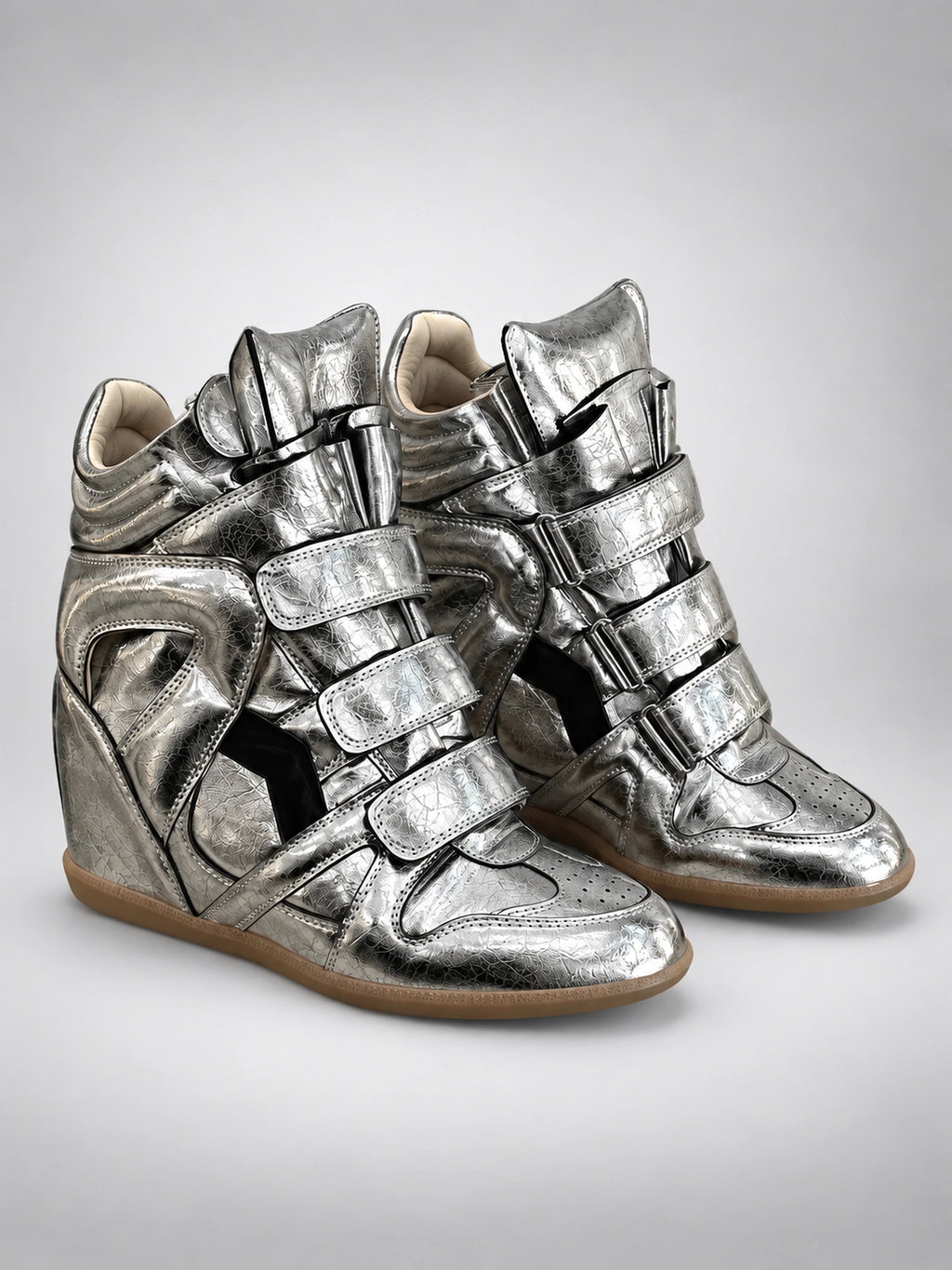 Women's Hidden Wedge Sneaker Boots – Leather Platform in Silver/Black — back view