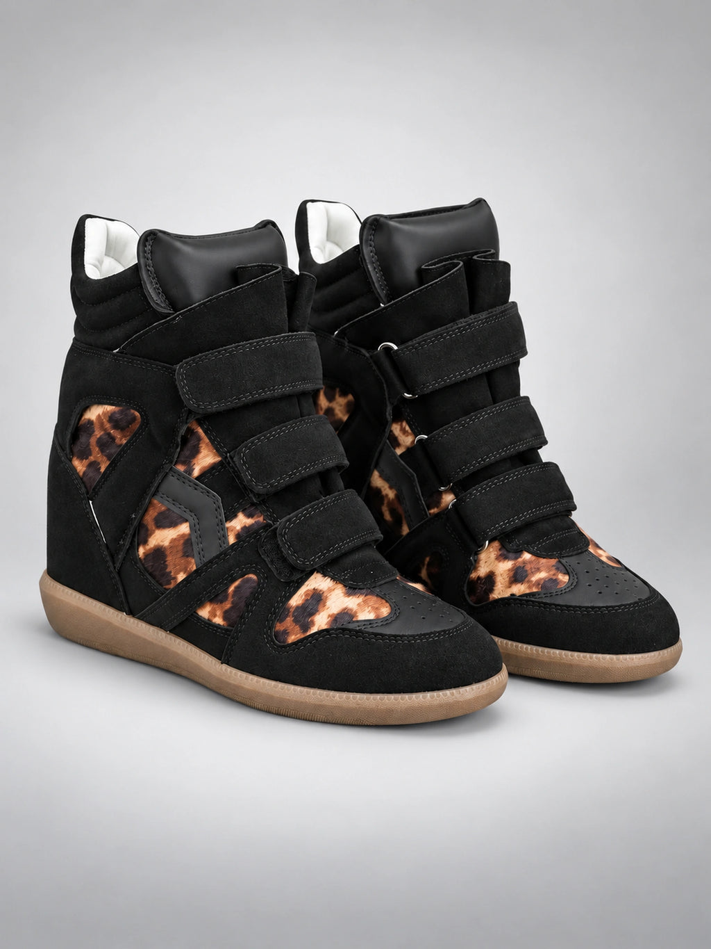 Women's Hidden Wedge Sneaker Boots – Leather Platform in Leopard Print — back view