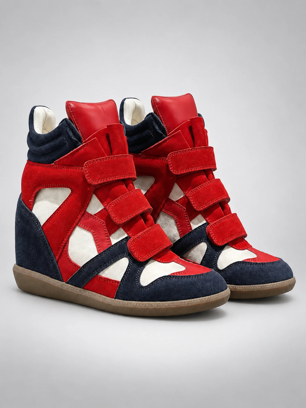 Women's Hidden Wedge Sneaker Boots – Leather Platform in Red/Navy — back view