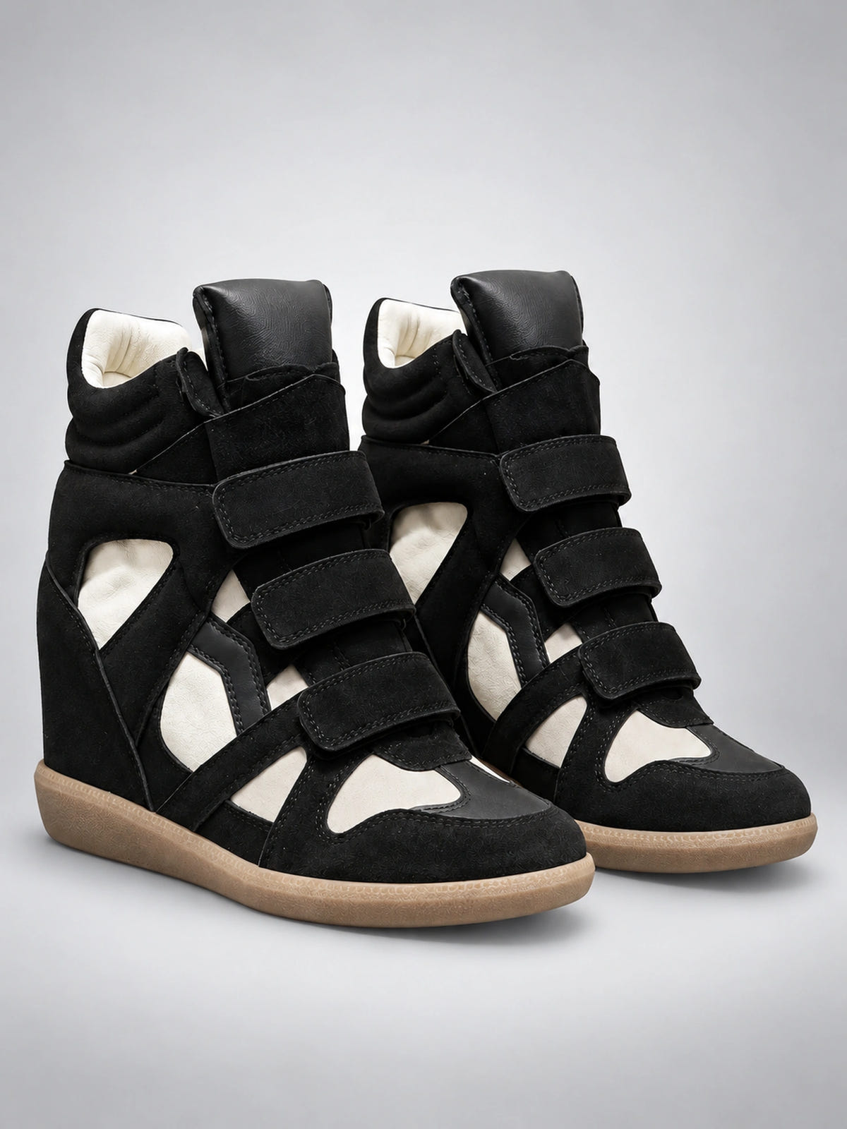 Women's Hidden Wedge Sneaker Boots – Leather Platform in Black/White — back view