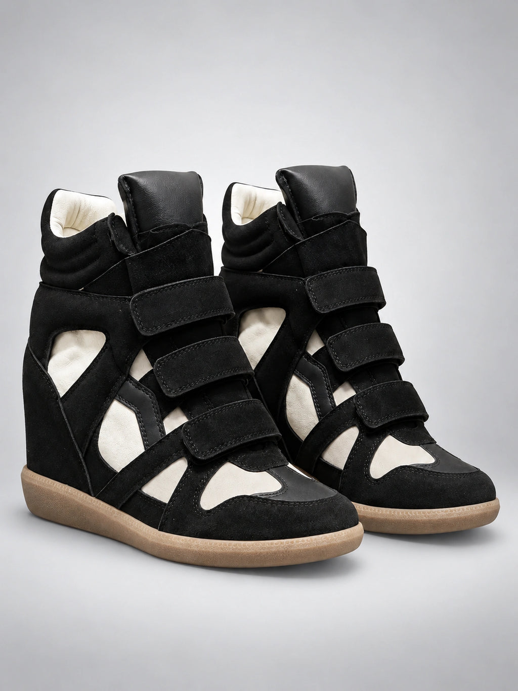 Women's Hidden Wedge Sneaker Boots – Leather Platform in Black/White — back view