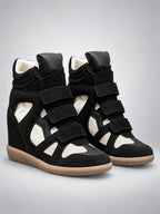 Women's Hidden Wedge Sneaker Boots – Leather Platform in Black/White — back view
