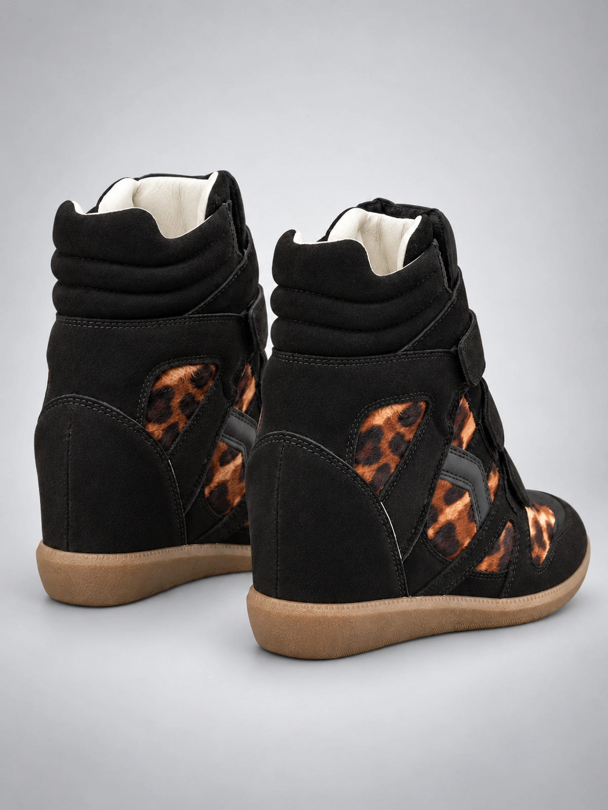 Women's Hidden Wedge Sneaker Boots – Leather Platform in Leopard Print — back view