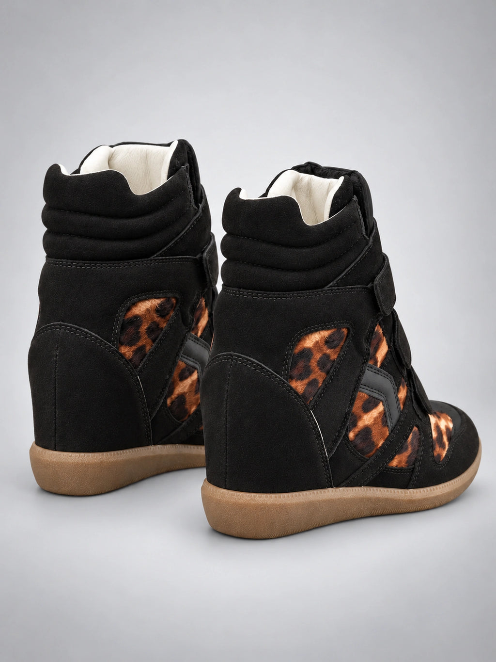 Women's Hidden Wedge Sneaker Boots – Leather Platform in Leopard Print — back view