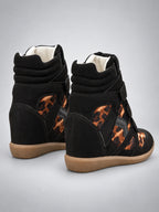Women's Hidden Wedge Sneaker Boots – Leather Platform in Leopard Print — back view