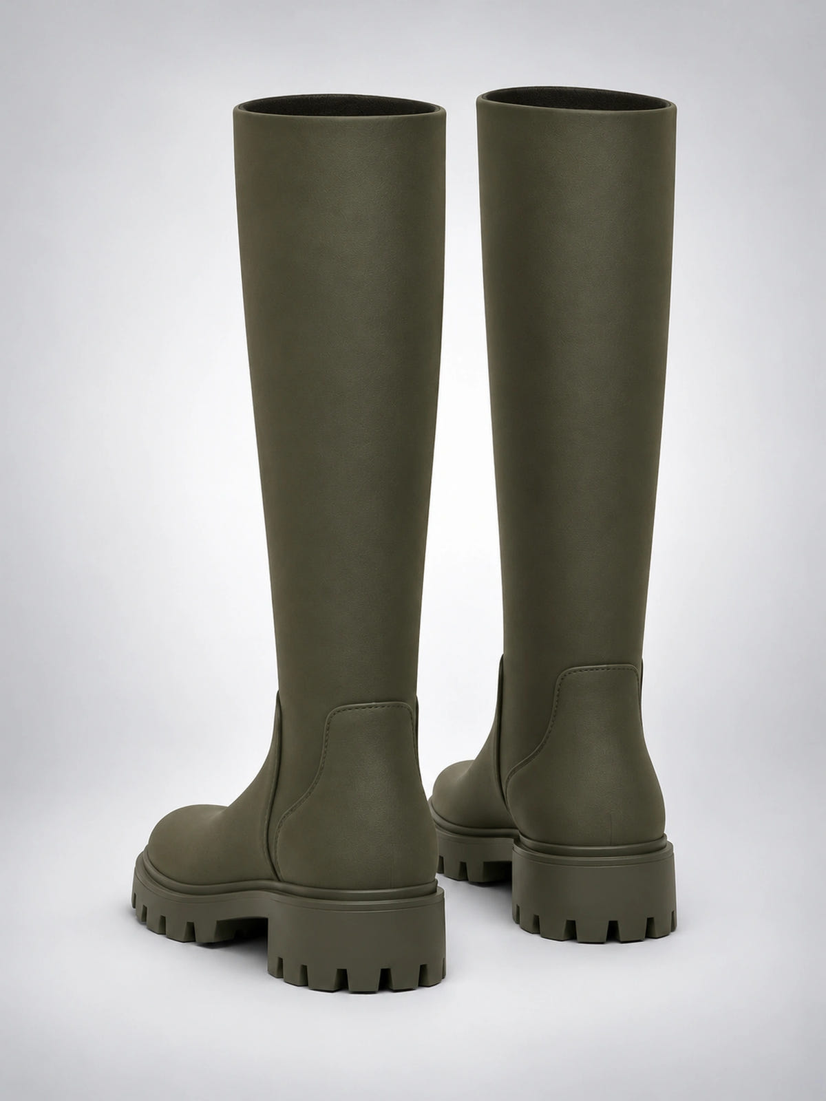 Women's Lug Sole Knee-High Boots – Round Toe in Dark Olive — back view