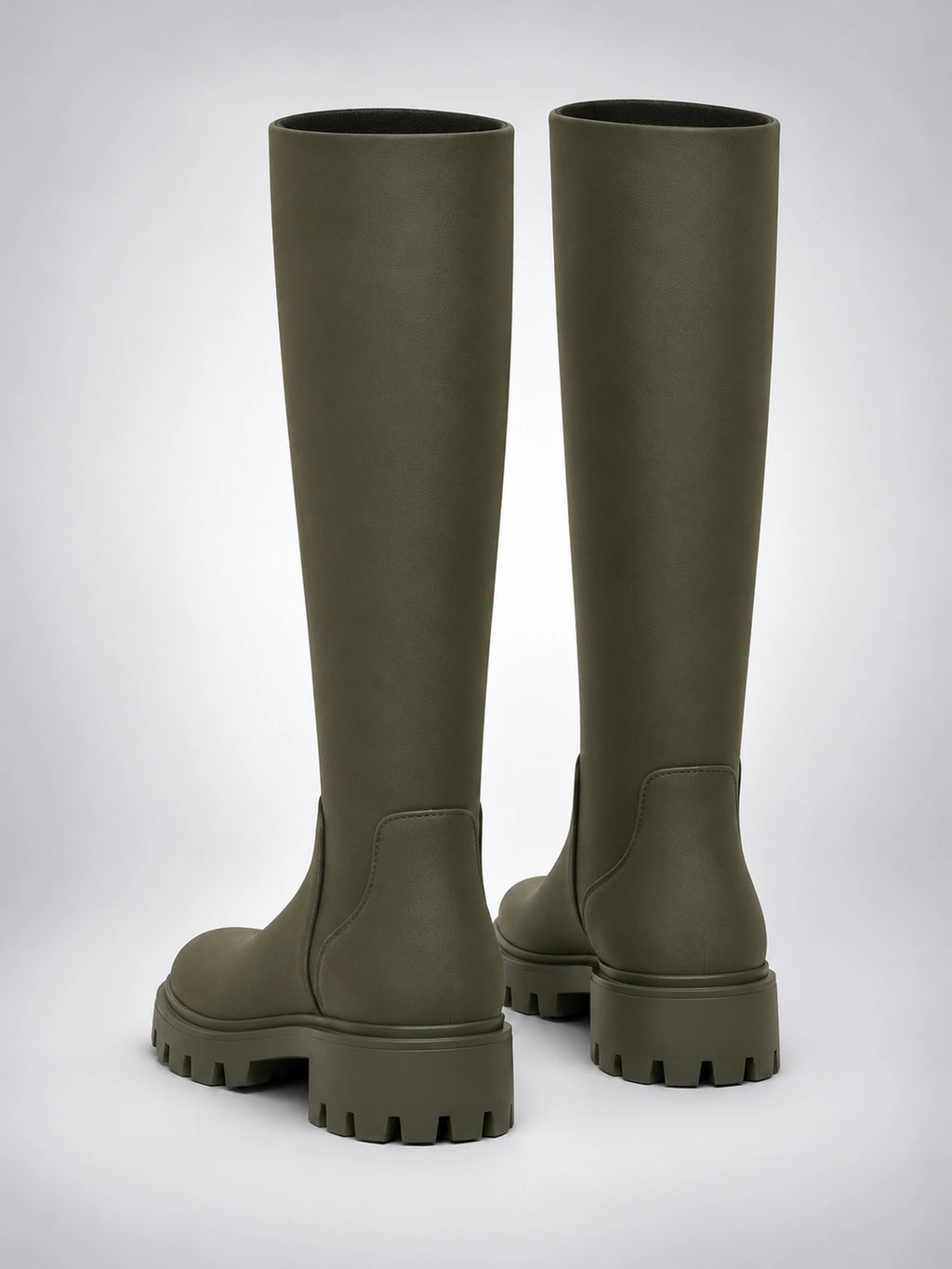 Women's Lug Sole Knee-High Boots – Round Toe in Dark Olive — back view