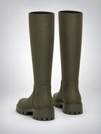 Women's Lug Sole Knee-High Boots – Round Toe in Dark Olive — back view