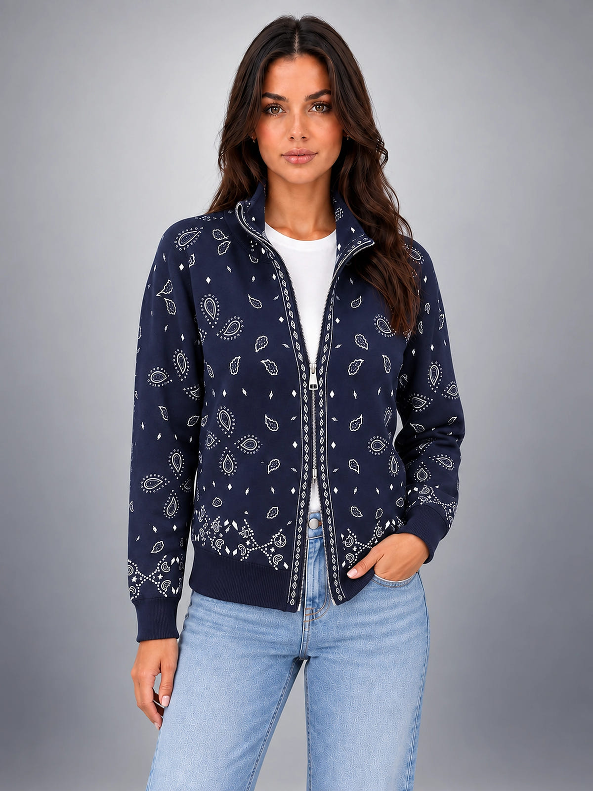 Women's Bandana Print Zip-Up Sweatshirt – Ribbed Stand Collar - Navy