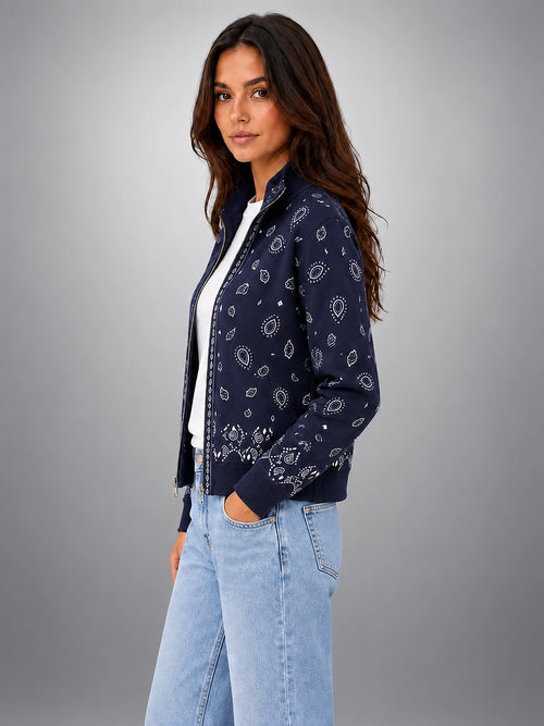 Women's Bandana Print Zip-Up Sweatshirt – Ribbed Stand Collar - Navy
