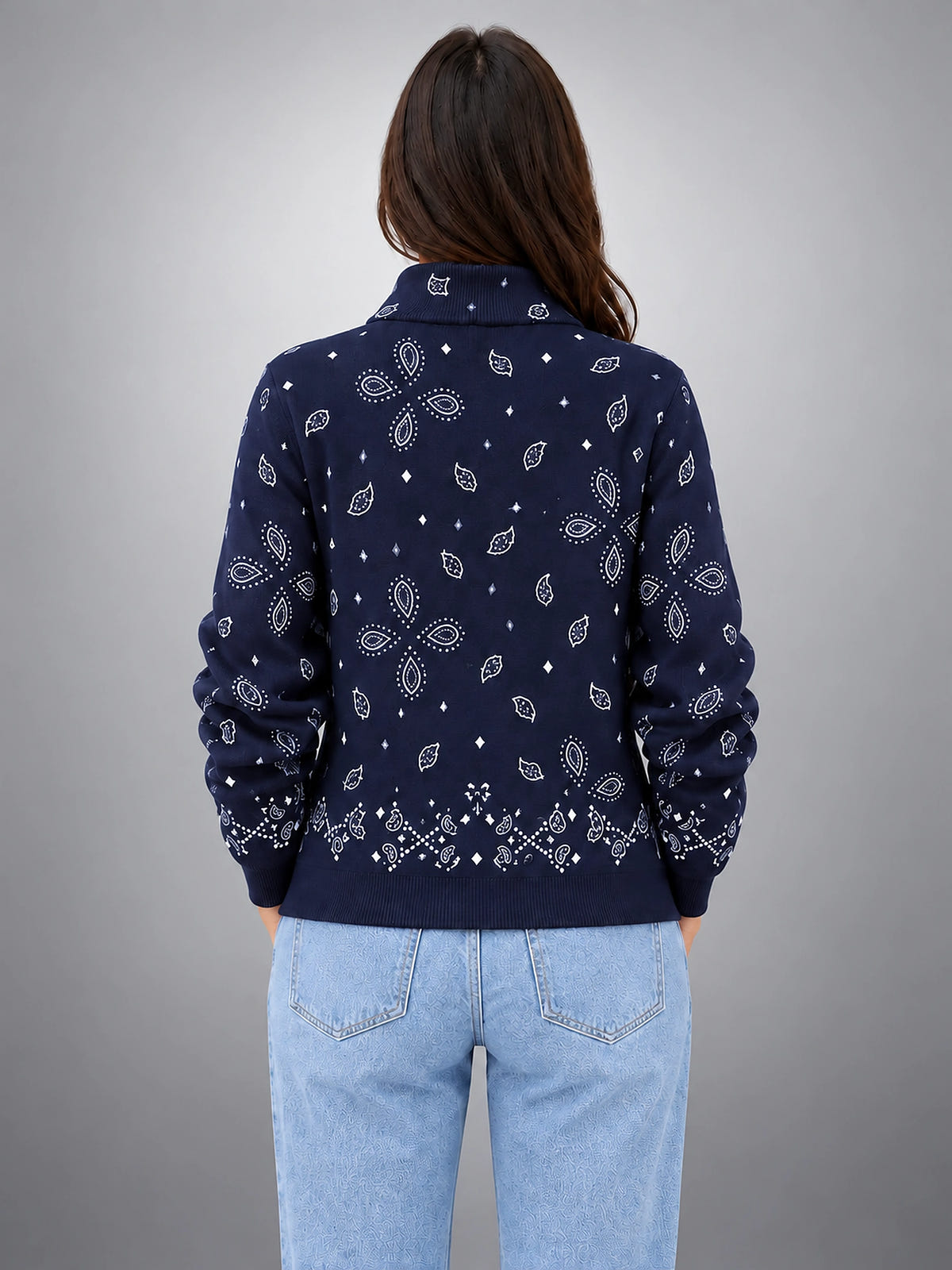 Women's Bandana Print Zip-Up Sweatshirt – Ribbed Stand Collar - Navy