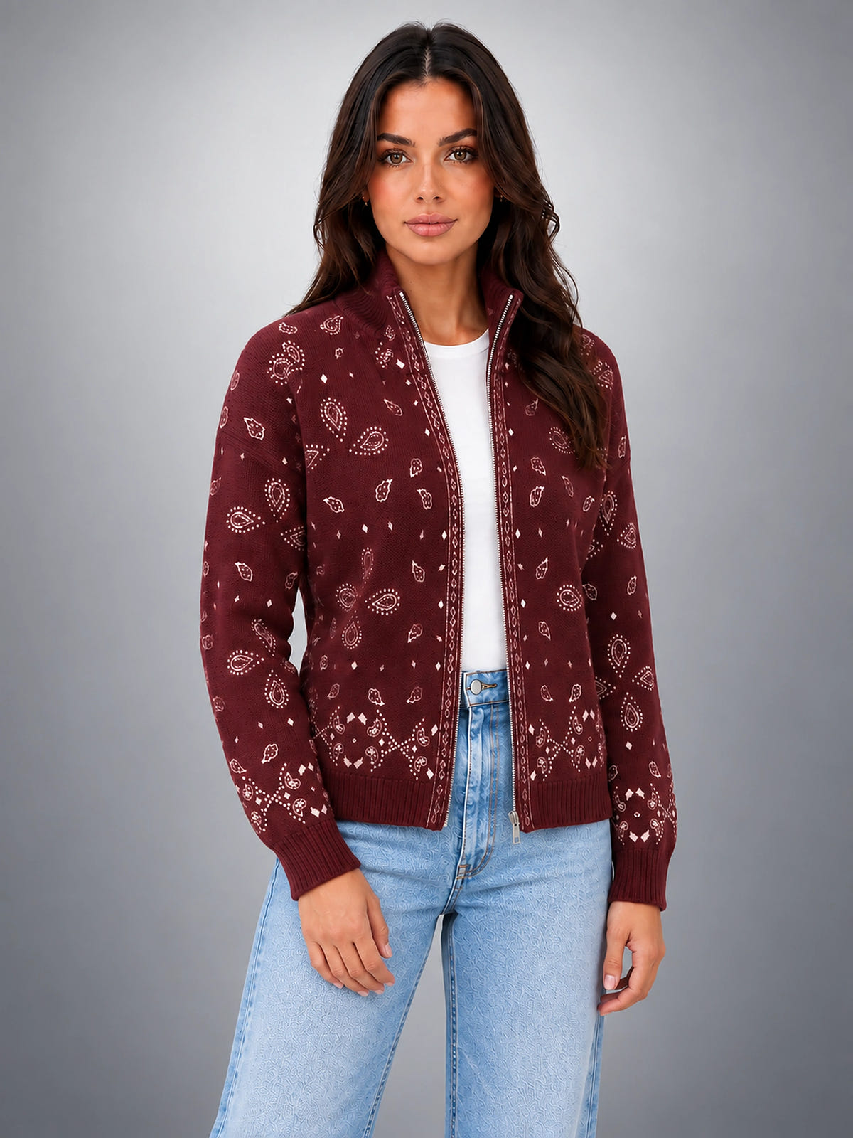 Women's Bandana Print Zip-Up Sweatshirt – Ribbed Stand Collar - Wine Red