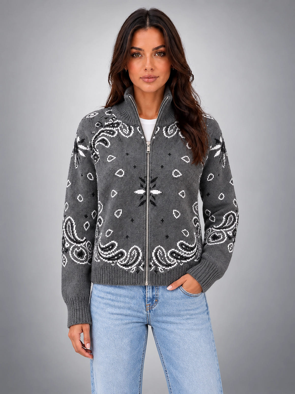 Women's Paisley Knit Cardigan – Tall Funnel Neck Full Zip - Gray