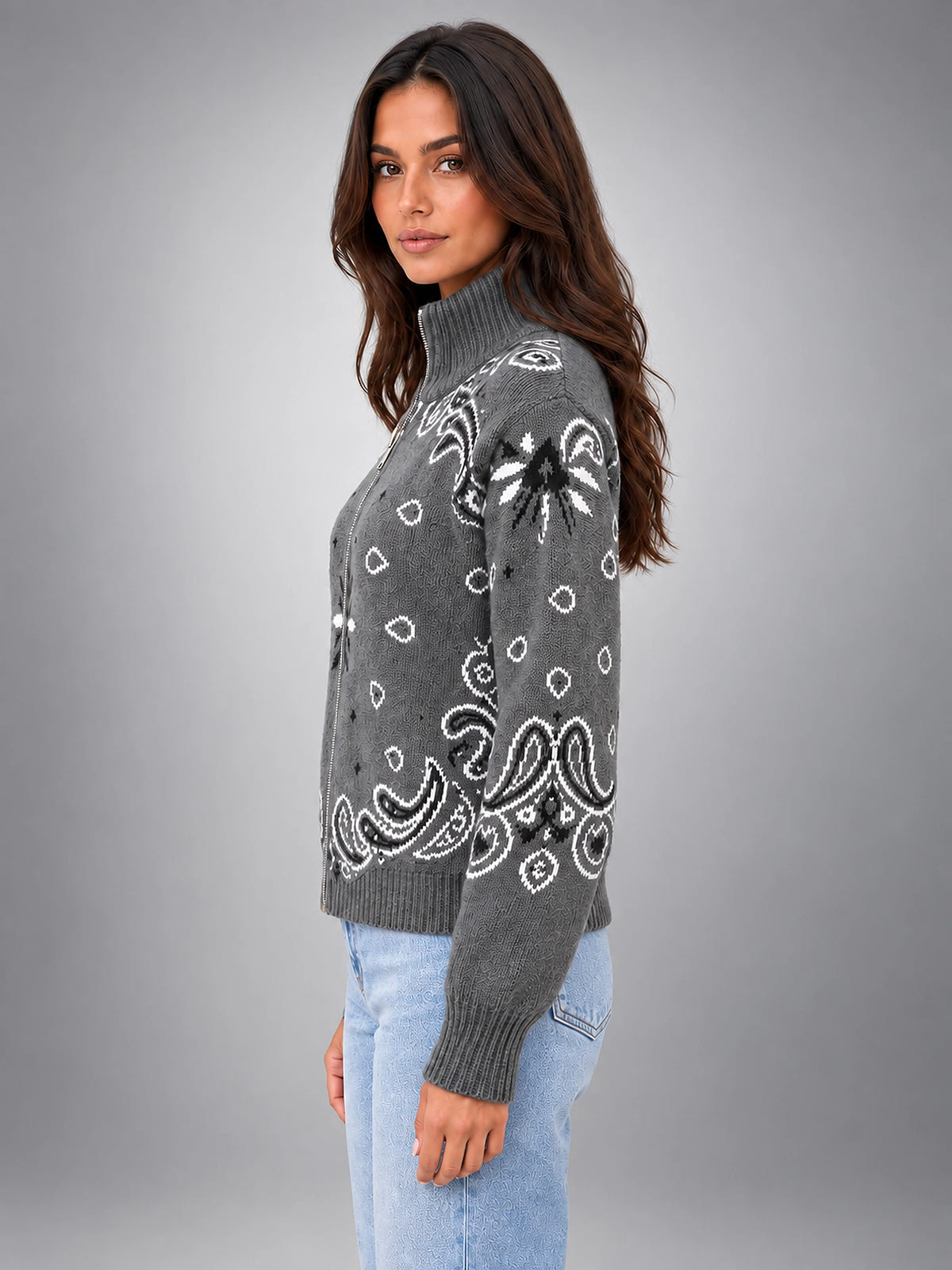 Women's Paisley Knit Cardigan – Tall Funnel Neck Full Zip