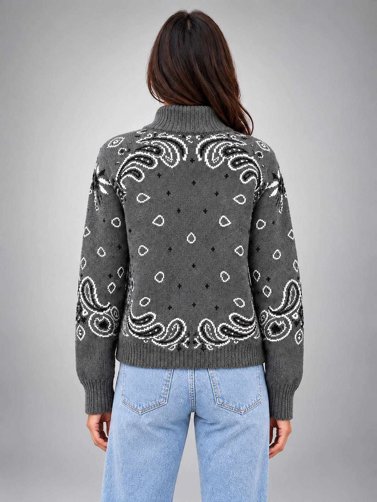 Women's Paisley Knit Cardigan – Tall Funnel Neck Full Zip