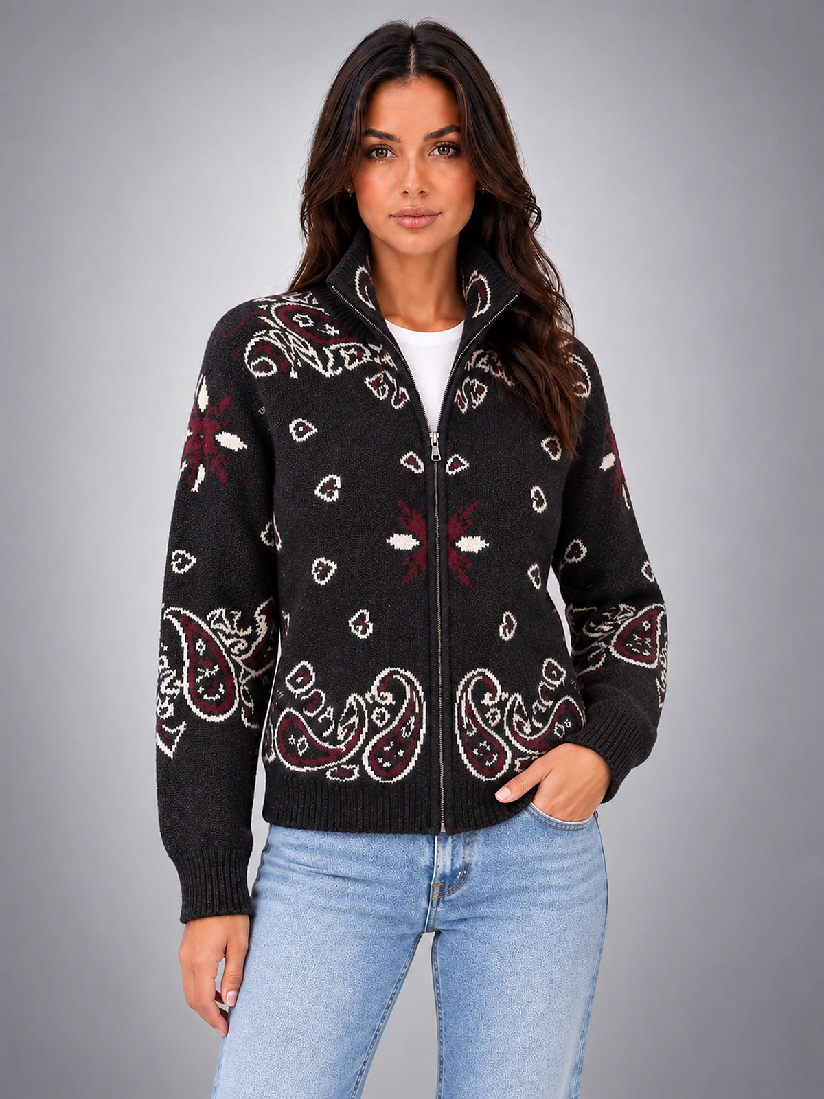 Women's Paisley Knit Cardigan – Tall Funnel Neck Full Zip - Black