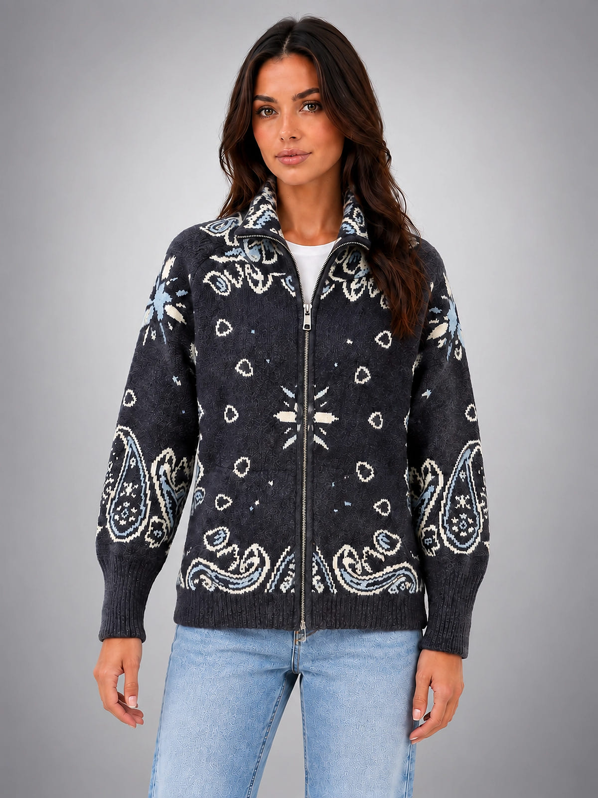 Women's Paisley Knit Cardigan – Tall Funnel Neck Full Zip - Denim Blue