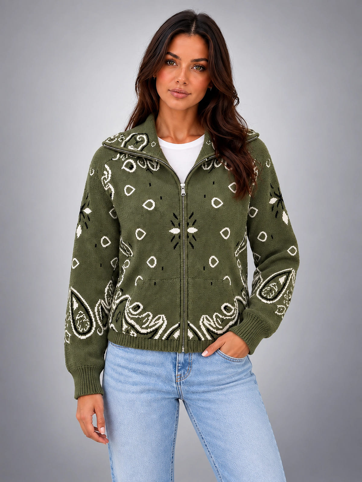 Women's Paisley Knit Cardigan – Tall Funnel Neck Full Zip - Olive Green
