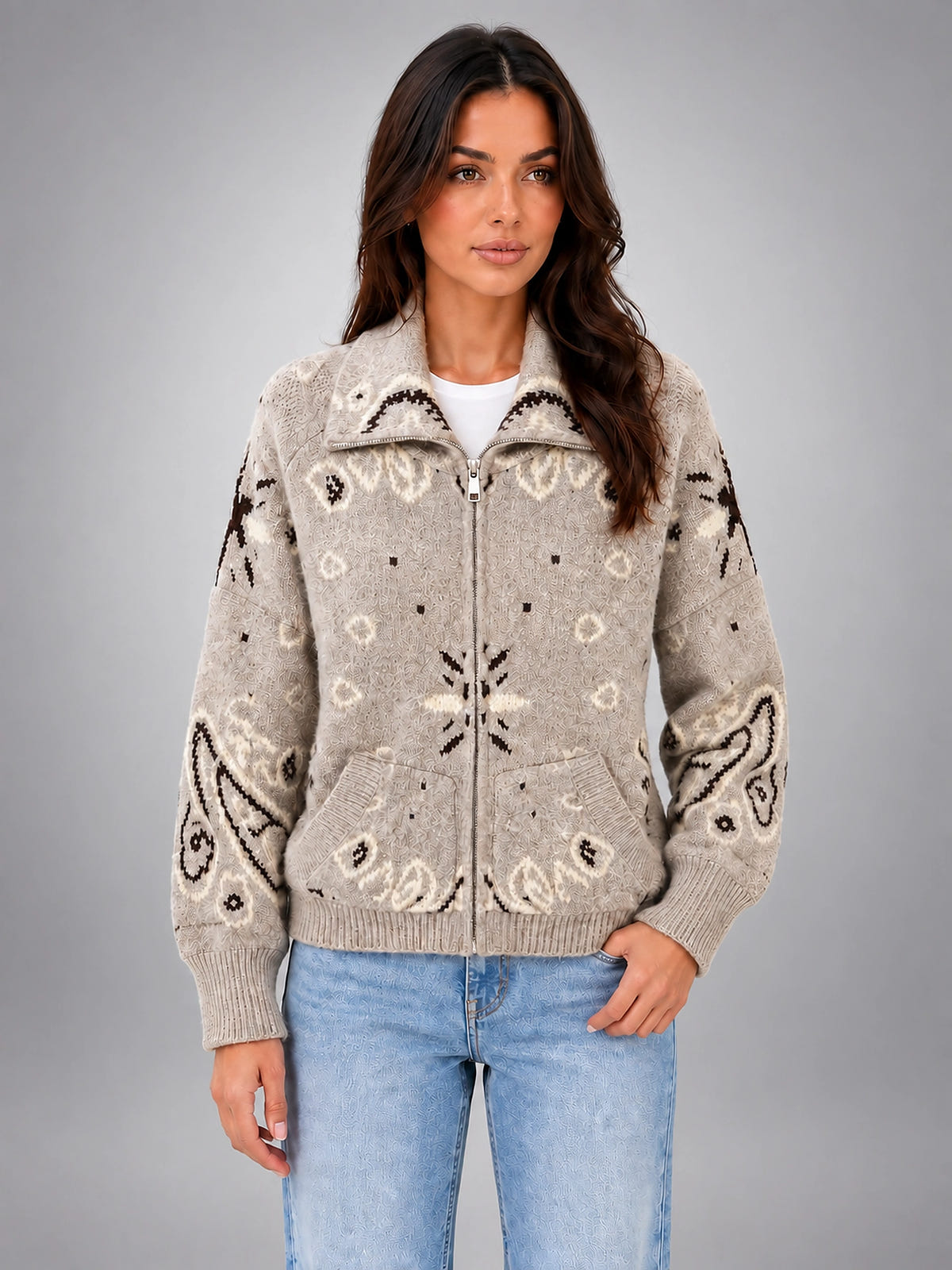 Women's Paisley Knit Cardigan – Tall Funnel Neck Full Zip - Light Gray