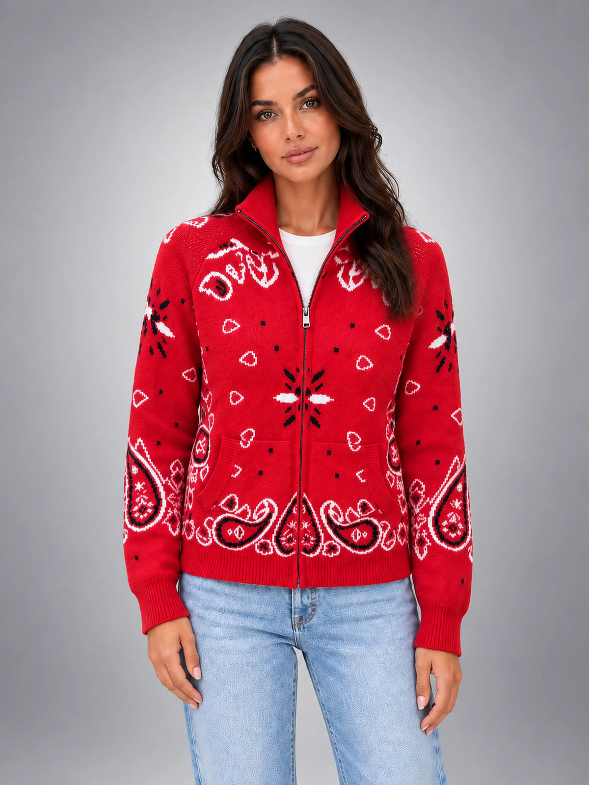 Women's Paisley Knit Cardigan – Tall Funnel Neck Full Zip - Red