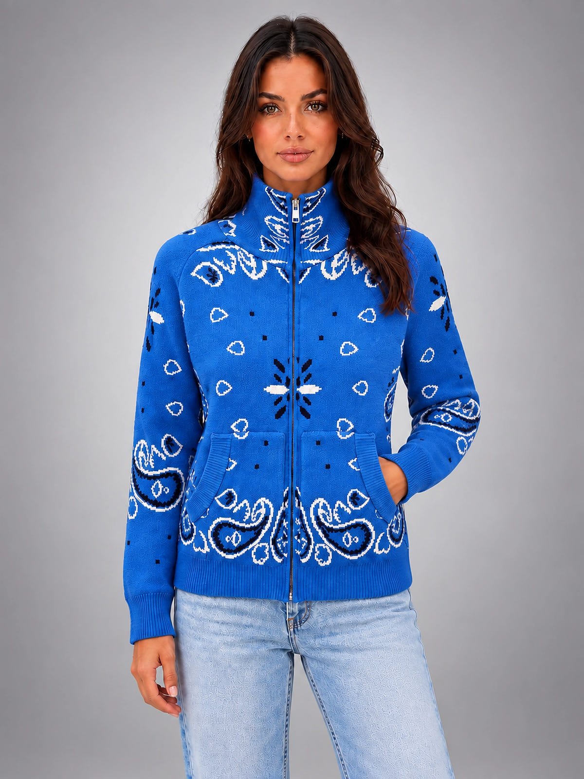 Women's Paisley Knit Cardigan – Tall Funnel Neck Full Zip - Royal Blue