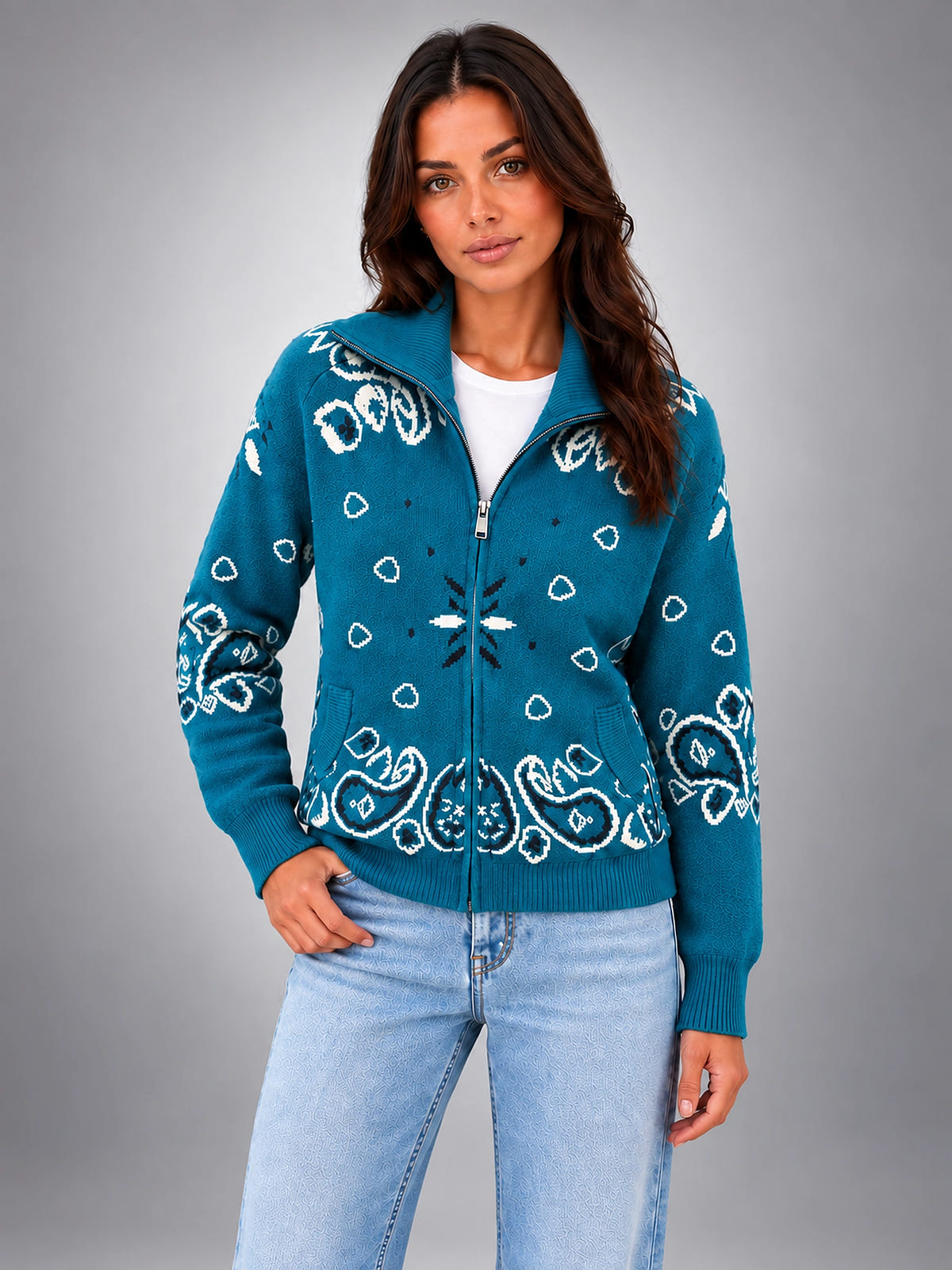 Women's Paisley Knit Cardigan – Tall Funnel Neck Full Zip - Teal