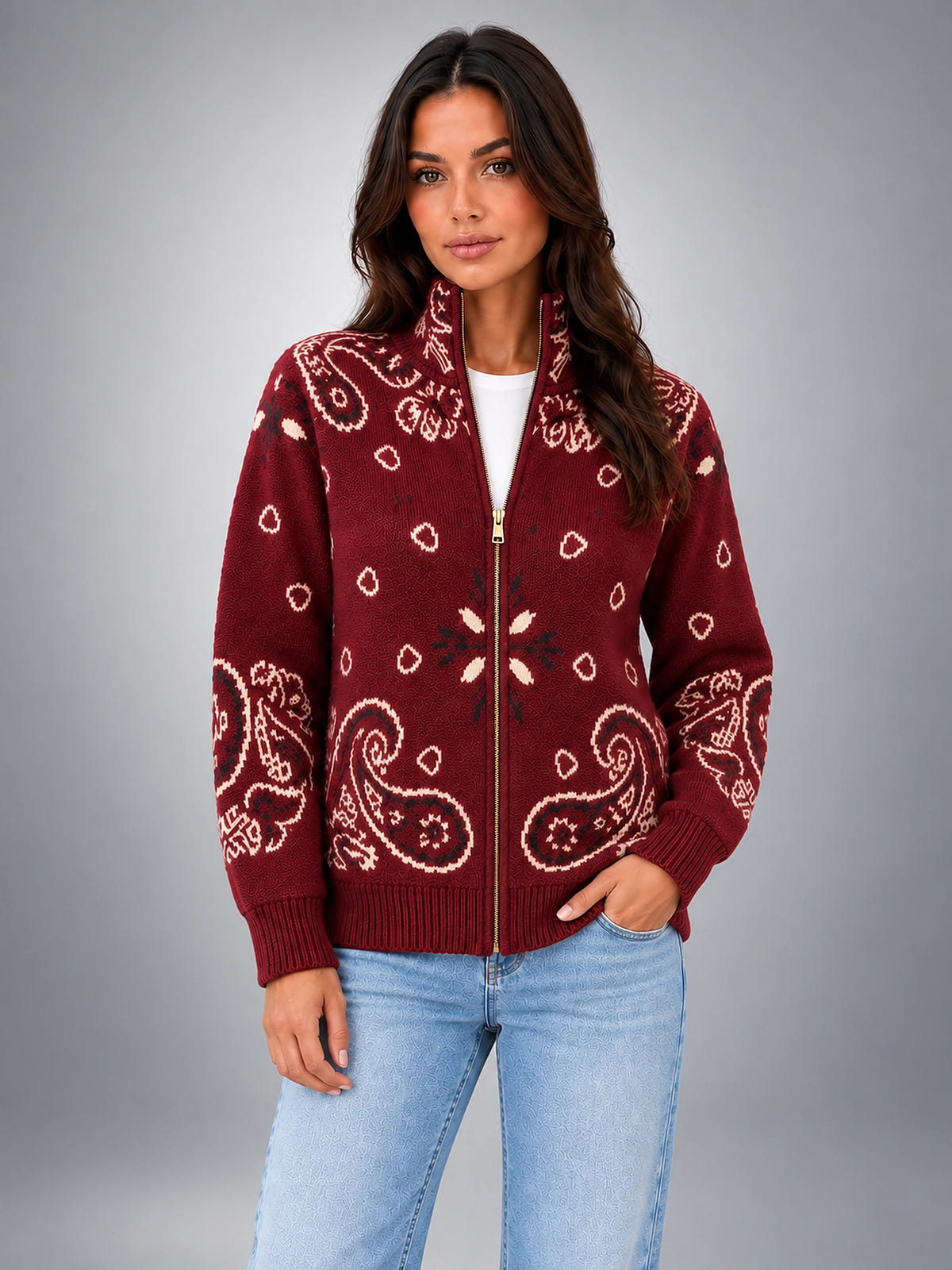 Women's Paisley Knit Cardigan – Tall Funnel Neck Full Zip - Wine Red