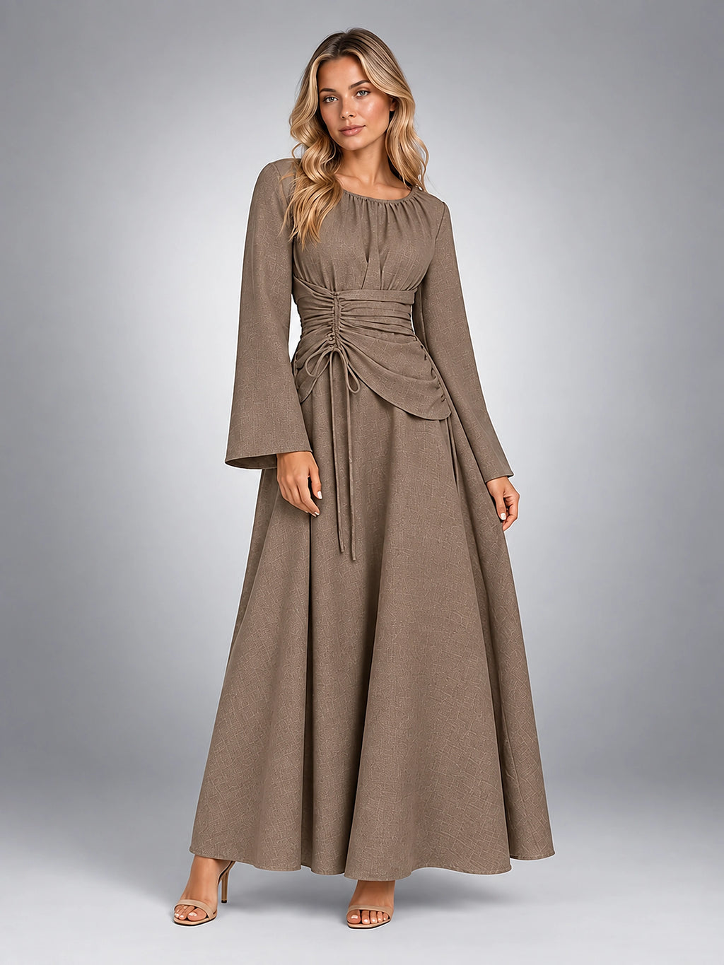 Women's Long Sleeve Midi Dress – Gathered Waist - Taupe