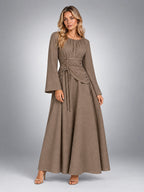 Women's Long Sleeve Midi Dress – Gathered Waist - Taupe
