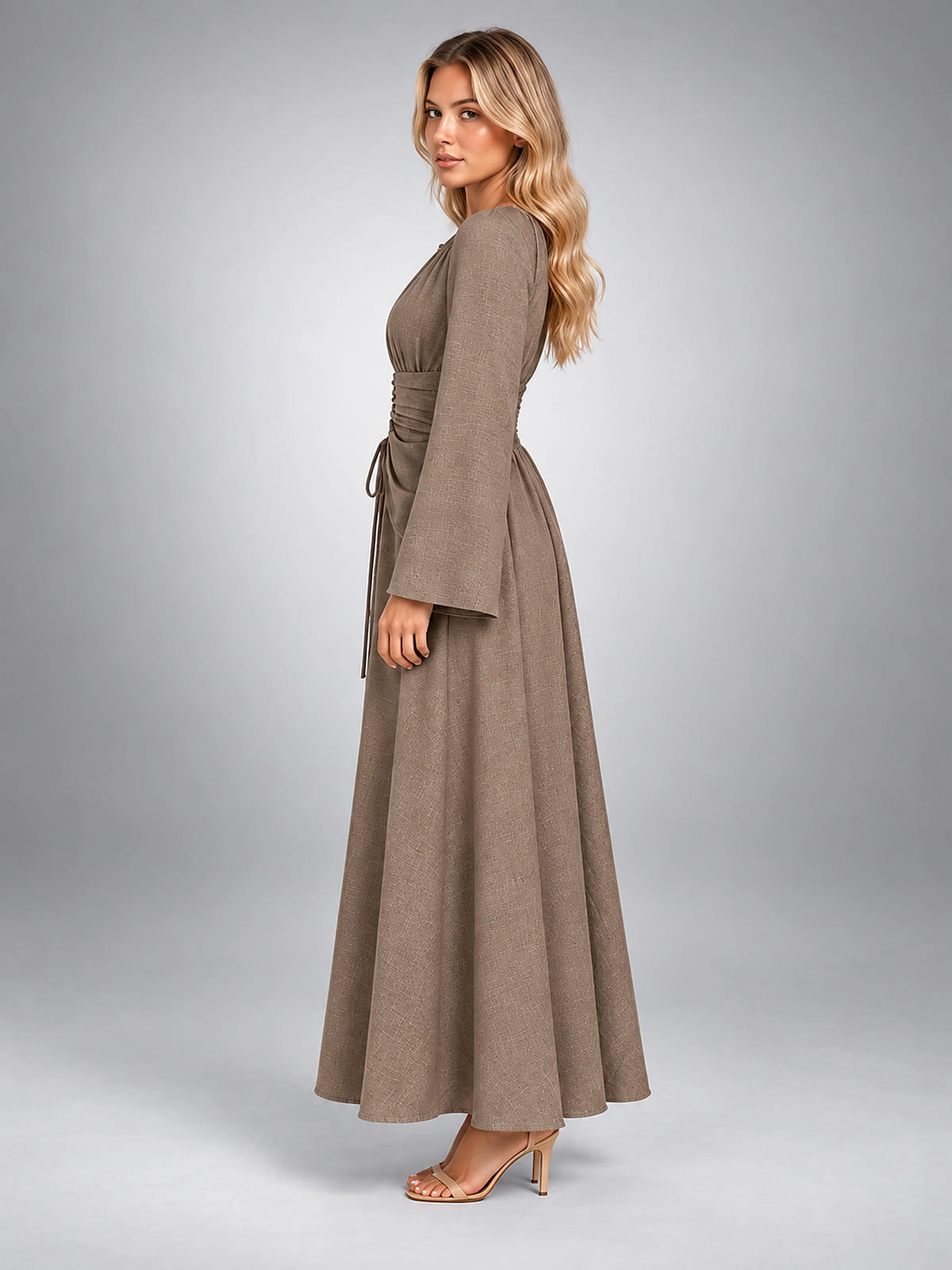 Women's Long Sleeve Midi Dress – Gathered Waist - Taupe
