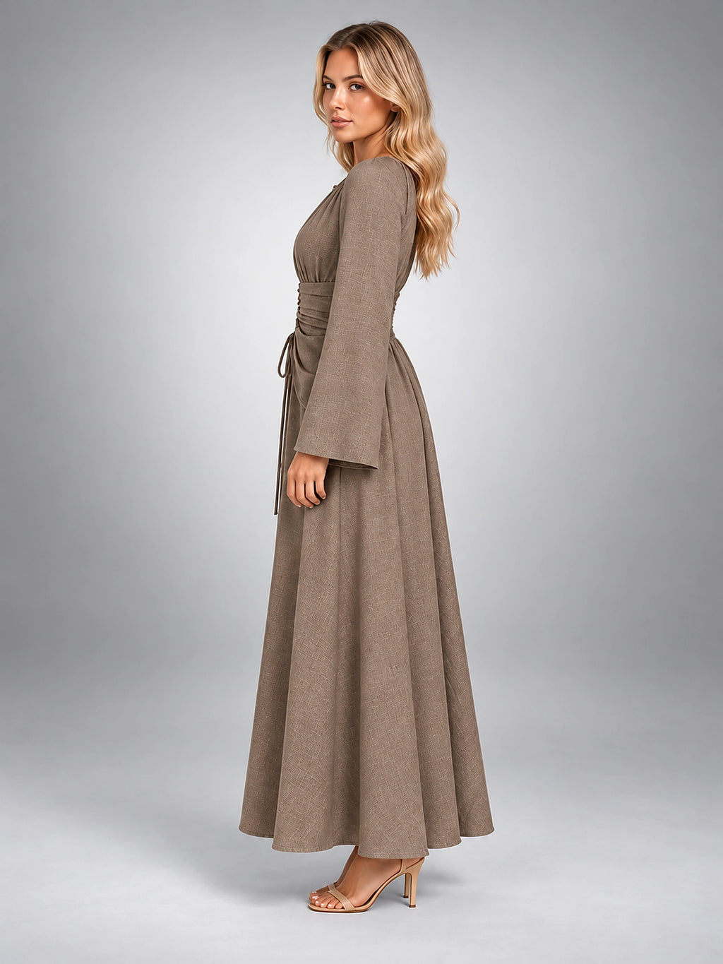 Women's Long Sleeve Midi Dress – Gathered Waist - Taupe